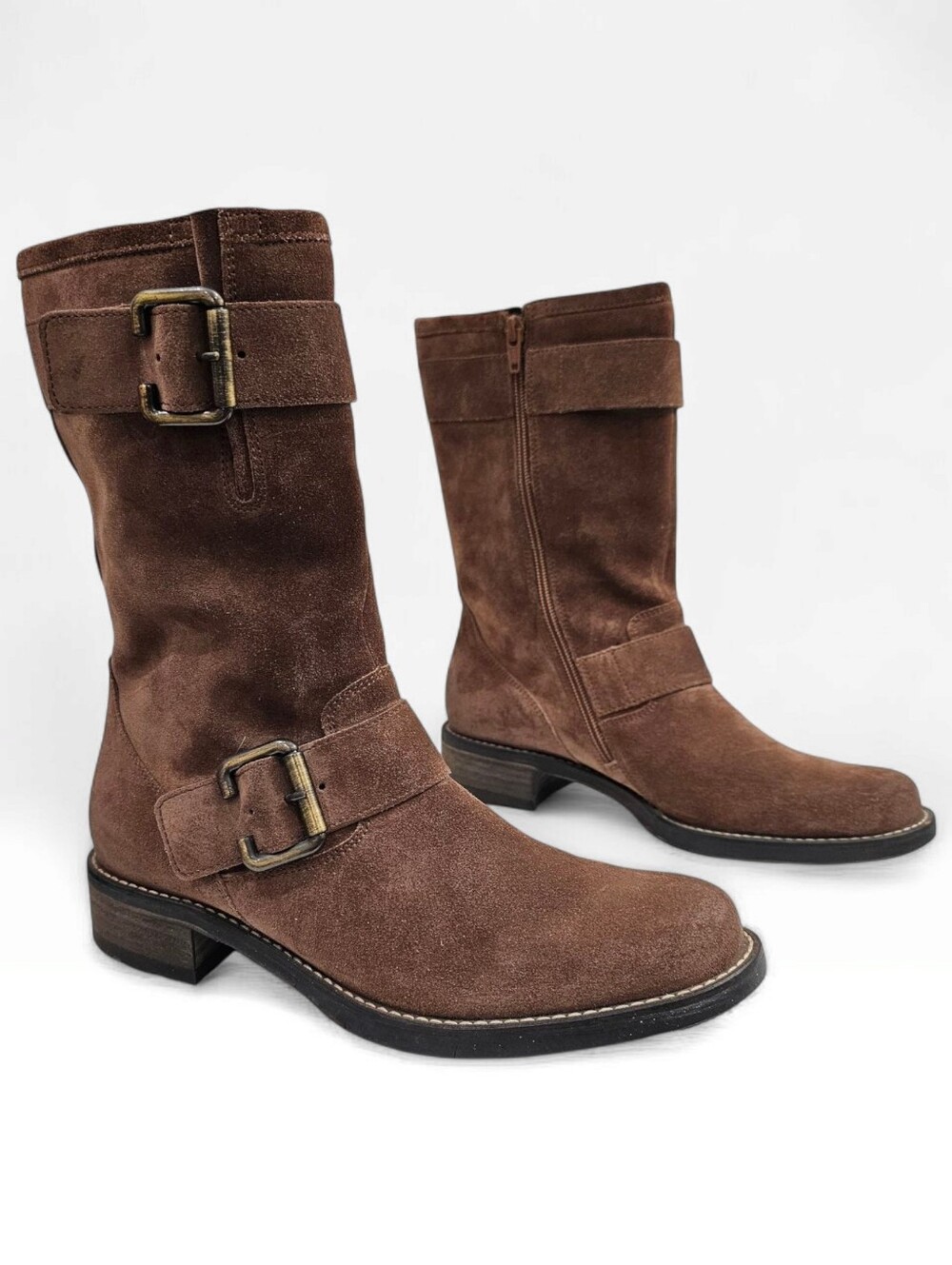PAUL GREEN Suri Women Brown Suede Buckle Zip Moto Biker Boots UK 5/US 7.5M